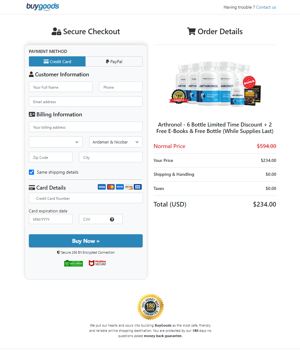 Arthronol Secure Order Form